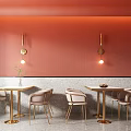Modern Dining Table Set With Metal Frame Chairs And Pendant Lights On Coral Wall