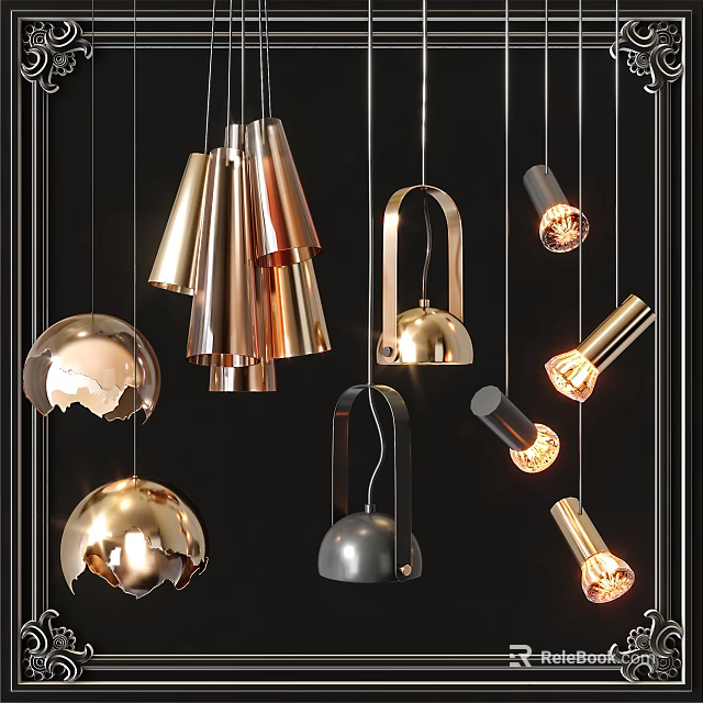 Stylish Modern Pendant Lights With Metallic Gold Silver Shapes And Illuminated Bulbs 3d model 