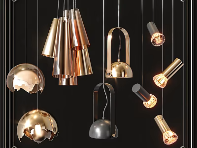 Stylish Modern Pendant Lights With Metallic Gold Silver Shapes And Illuminated Bulbs 3d model