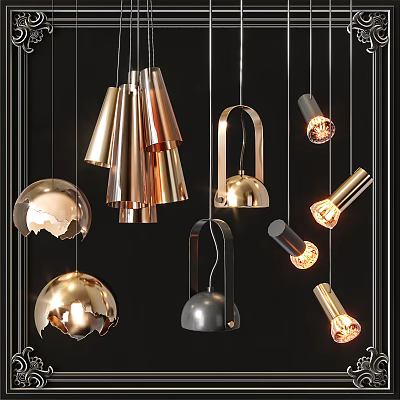 Stylish Modern Pendant Lights With Metallic Gold Silver Shapes And Illuminated Bulbs 3d model