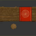 Wooden Furniture Collection Featuring Long Table Red Cloth Small Stool And Three Tiered Shelf