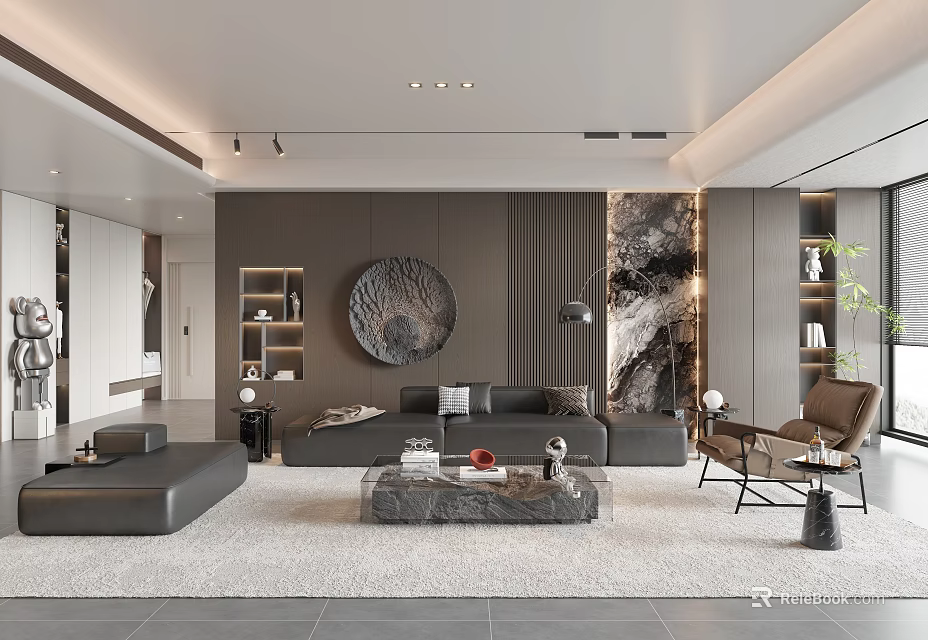Elegant Modern Living Room Interior With Gray Sofa Marble Coffee Table And Circular Wall Art 3d model 
