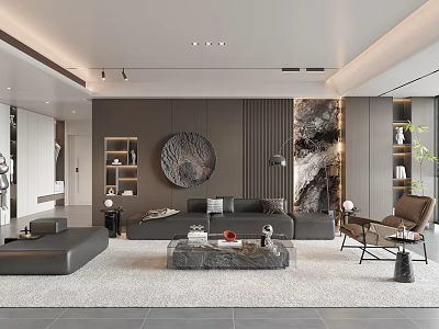 Elegant Modern Living Room Interior With Gray Sofa Marble Coffee Table And Circular Wall Art 3d model