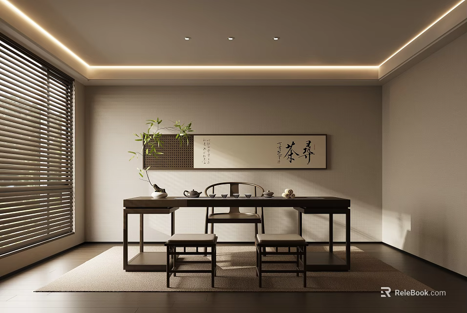 Traditional Tea Room Interior With Wooden Tea Table Sets Calligraphy And Green Plants 3d model
