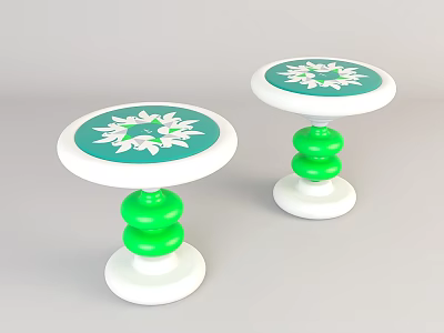 Modern Coffee Table With Round Top Green White Floral Pattern And Stacked Cylindrical Legs 3d model