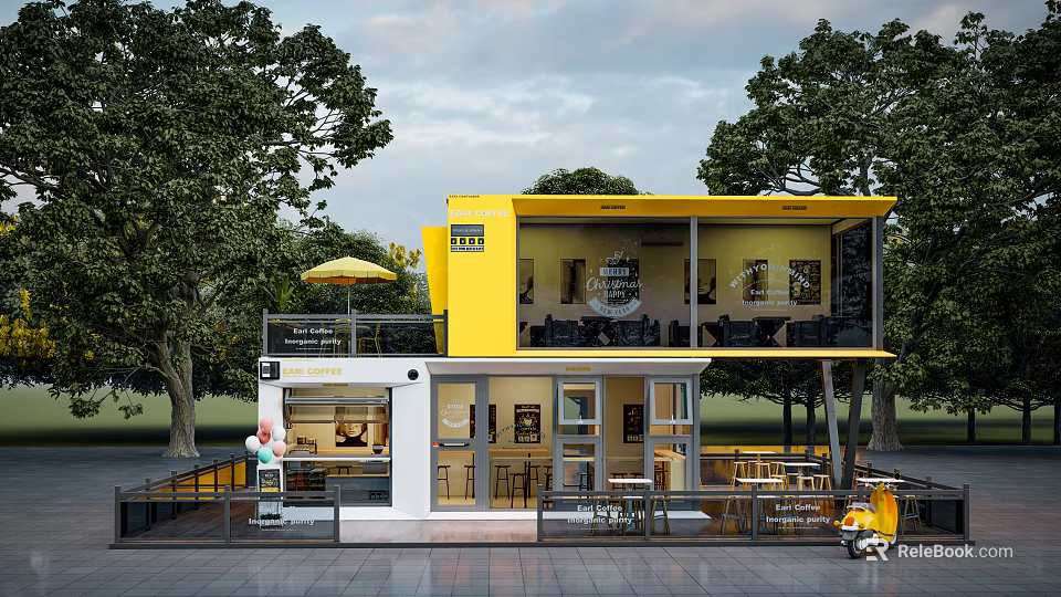 Two Story Yellow And White Container Building Café With Outdoor Seating Trees And Tables 3d model 