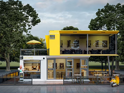 Two Story Yellow And White Container Building Café With Outdoor Seating Trees And Tables 3d model