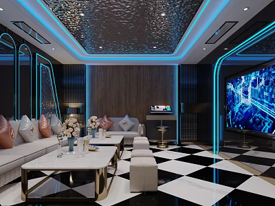 Modern KTV Interior Design With Blue Lighting Large Screen And Black And White Floor Tiles 3d model