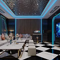 Modern KTV Interior Design With Blue Lighting Large Screen And Black And White Floor Tiles