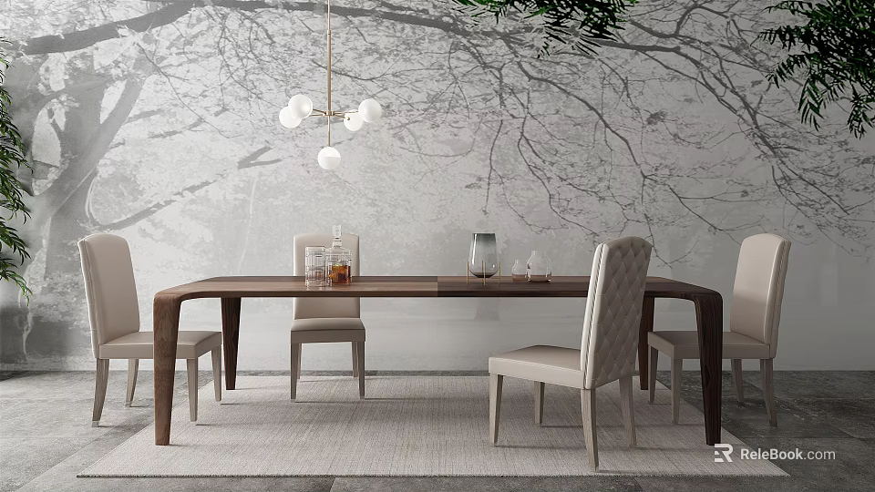 Wooden Dining Table Set With Light Fabric Chairs Tree Branch Pattern Wall And Pendant Light 3d model 