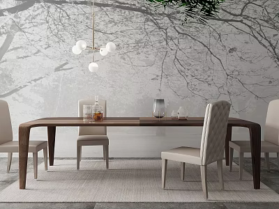 Wooden Dining Table Set With Light Fabric Chairs Tree Branch Pattern Wall And Pendant Light 3d model