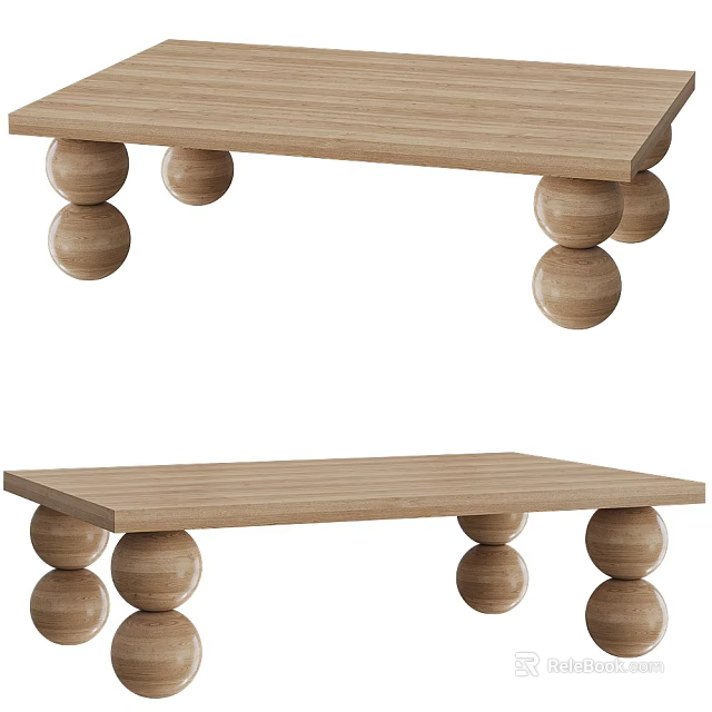 Natural Wooden Coffee Table With Round Ball Legs And Smooth Surface Design 3d model 
