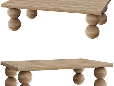 Natural Wooden Coffee Table With Round Ball Legs And Smooth Surface Design 3d model