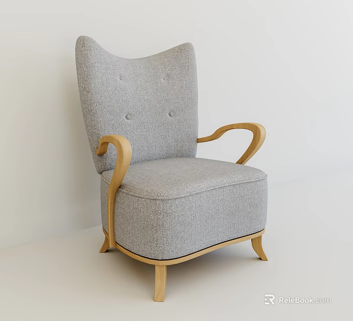 Gray Upholstered Single Sofa With Wooden Armrests And Button Tufted Back 3d model