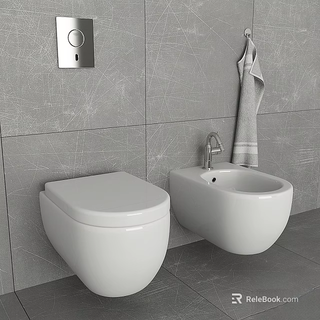 White Wall Mounted Toilet in Bathroom with Gray Tiled Wall and Towel 3d model 