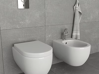 White Wall Mounted Toilet in Bathroom with Gray Tiled Wall and Towel 3d model