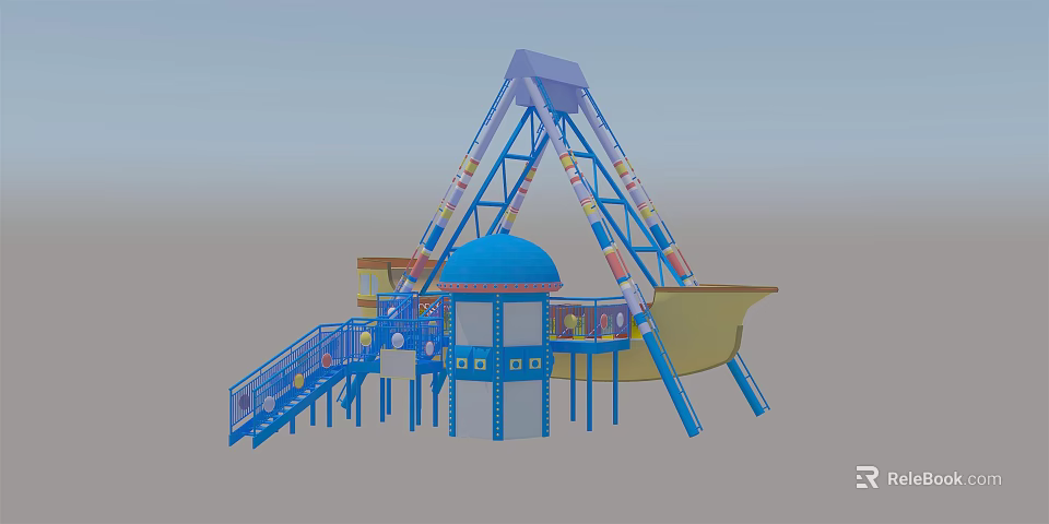 Blue Pirate Ship Amusement Ride with Tower Platform and Staircase Seats 3d model 