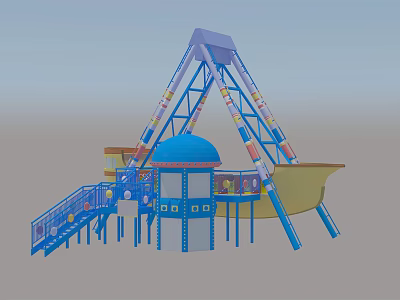 Blue Pirate Ship Amusement Ride with Tower Platform and Staircase Seats 3d model
