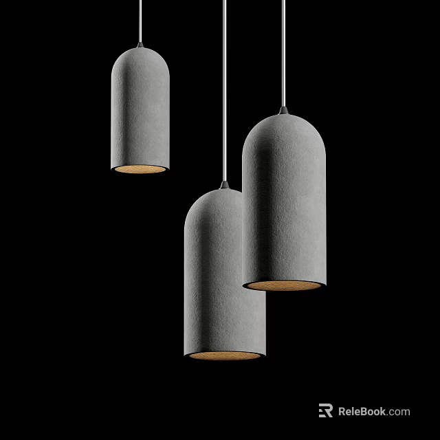 Three Gray Cylindrical Pendant Lights Hanging On Black Background With Bottom Light Source 3d model