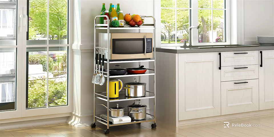 Stainless Steel Kitchen Storage Rack with Microwave Pots Fruits and Wheels for Organizing 3d model 
