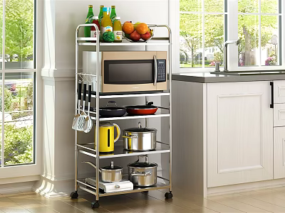 Stainless Steel Kitchen Storage Rack with Microwave Pots Fruits and Wheels for Organizing 3d model