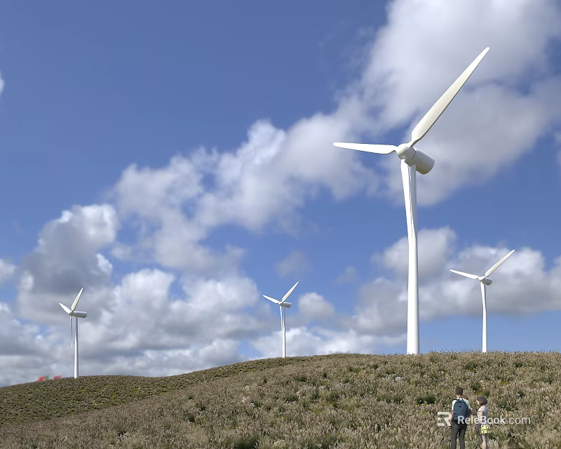 Public Wind Energy Facility with Multiple Turbines on Green Hillside Under Blue Sky and Clouds 3d model 