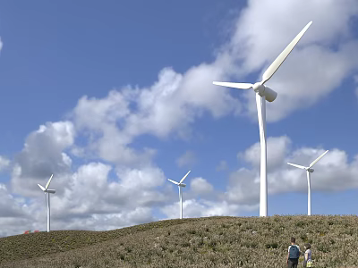 Public Wind Energy Facility with Multiple Turbines on Green Hillside Under Blue Sky and Clouds 3d model