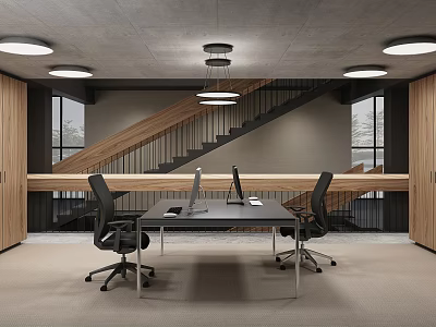Modern Public Office Space With Wooden Staircase Desk Computers Chairs And Ceiling Lights 3d model