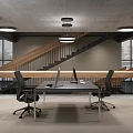 Modern Public Office Space With Wooden Staircase Desk Computers Chairs And Ceiling Lights