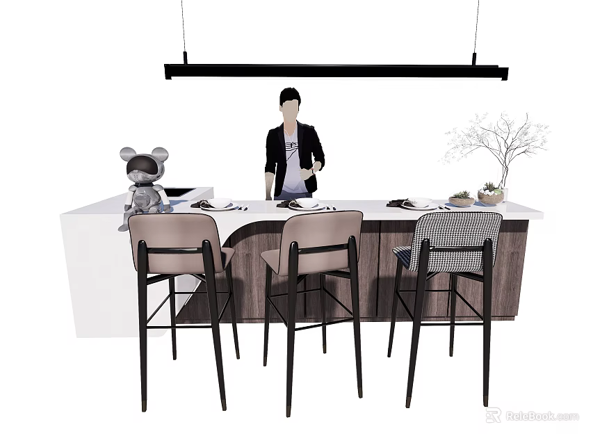 Modern Bar Counter Design With Stylish Stools Hanging Light And Decorative Elements 3d model