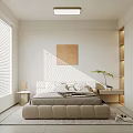 Light Filled Modern Bedroom Interior With Beige Bed Window Blinds And Artwork 3d model
