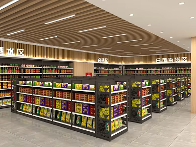 Organized Supermarket Grocery Store With Shelves Full Of Various Products Different Sections And Bright Lighting 3d model
