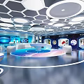 Modern Tech Exhibition Hall With Hexagonal Ceiling Blue Floor White Podiums And Screens