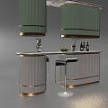 Modern Bar Counter With Light Green Cabinet Marble Top And Fruit Platter Green Plant Wine Bottles