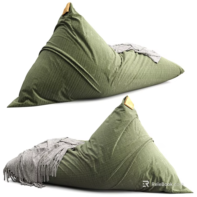 Green Corduroy Bean Bag Chair With Triangular Shape And Gray Accents 3d model 
