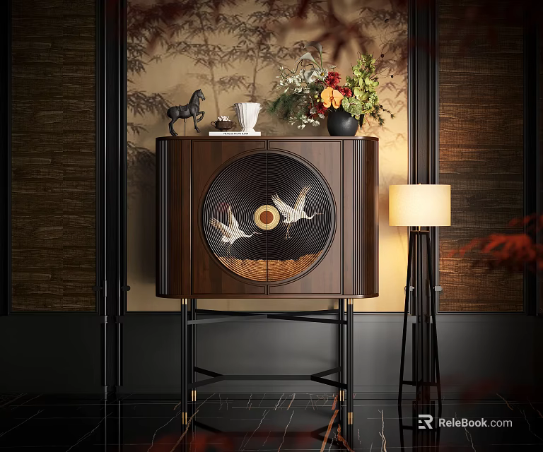 Dark Wooden Entryway Side Cabinet With Crane Decoration Vase Cup Horse Figurine And Floor Lamp 3d model 