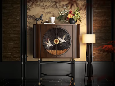 Dark Wooden Entryway Side Cabinet With Crane Decoration Vase Cup Horse Figurine And Floor Lamp 3d model