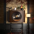 Dark Wooden Entryway Side Cabinet With Crane Decoration Vase Cup Horse Figurine And Floor Lamp
