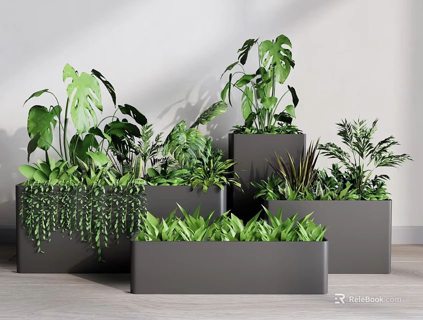 Indoor Decorative Flower Planters with Various Green Plants Square Gray Design for Home Interior 3d model 