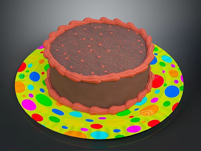 Delicious Chocolate Cake With Red Frosting Border On Colorful Polka Dot Plate 3d model