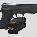 Black Tactical Pistol With Stacked Magazines And Bullets On Gray Background