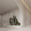 Hotel Corridor With Minimalist White Walls Recessed Ceiling Lights Arched Doorway And Potted Cacti Plants