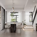 Elegant Modern Living Dining Area With Gray Sofa Round Chandelier Abstract Artwork and Potted Plant