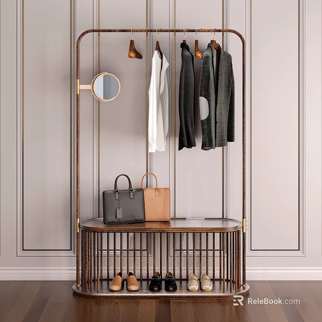 Modern Metal Clothes Rack With Hanging Clothes Handbags Shoes And Round Mirror 3d model 