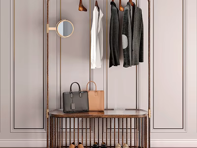 Modern Metal Clothes Rack With Hanging Clothes Handbags Shoes And Round Mirror 3d model