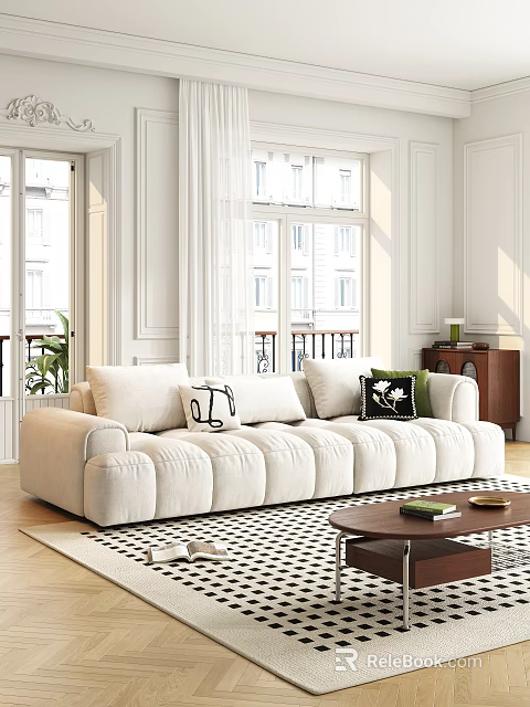 White Plush Sectional Sofa With Black Patterned Cushion And Wooden Coffee Table By Large Windows 3d model 