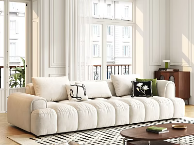 White Plush Sectional Sofa With Black Patterned Cushion And Wooden Coffee Table By Large Windows 3d model