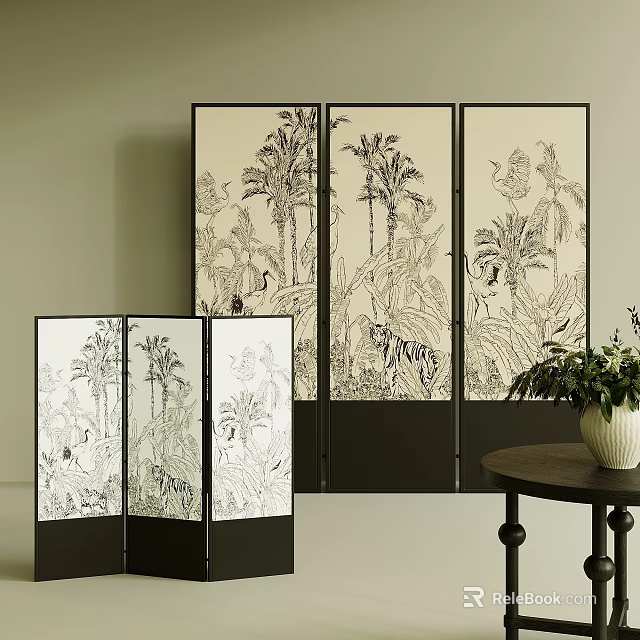 Black Frame Room Divider Screen Featuring Beige Background And Black White Plant Animal Patterns 3d model