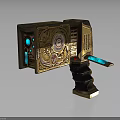 Steampunk Style Weapon With Golden Metal Casing Gears Dials And Blue Glowing Elements