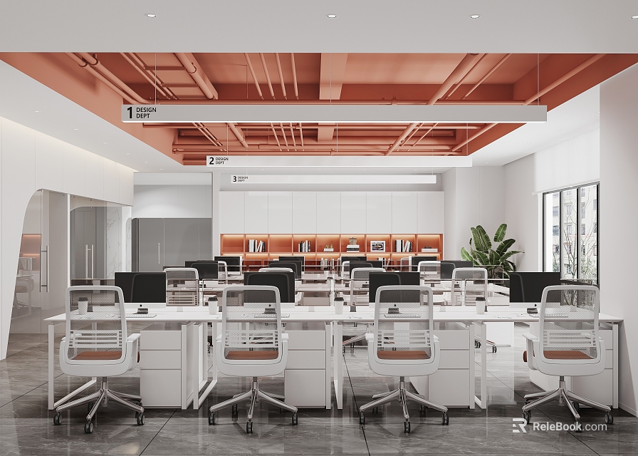 Modern Public Office Interior Design With White Desks Black Partitions Orange Ceiling And Green Plants 3d model 